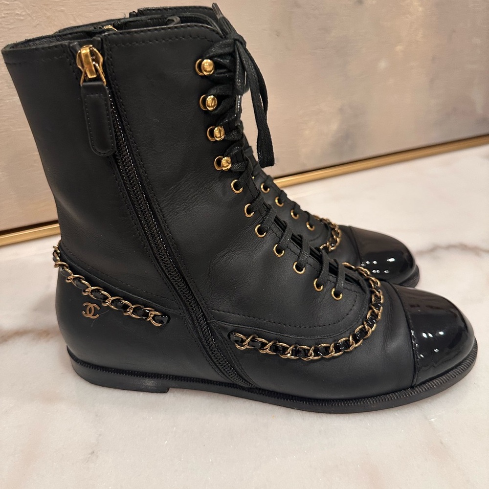 Chanel Black Leather Lace-Up Boots with Gold Accents